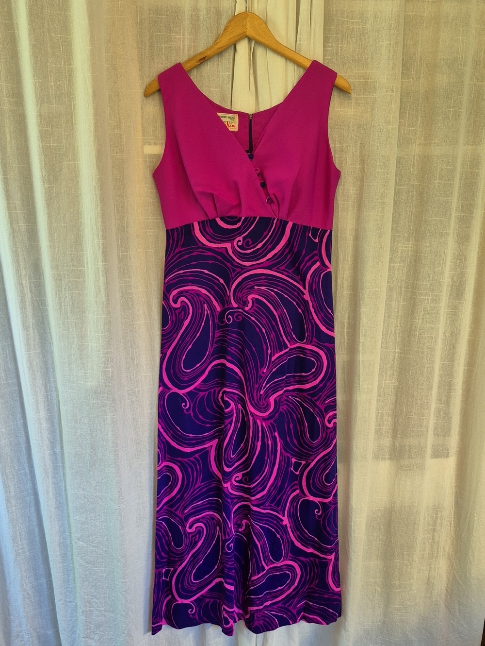 Vintage Lilia Magenta Purple Maxi Dress Swirl Tiki 50s 70s Hawaii Liberty House